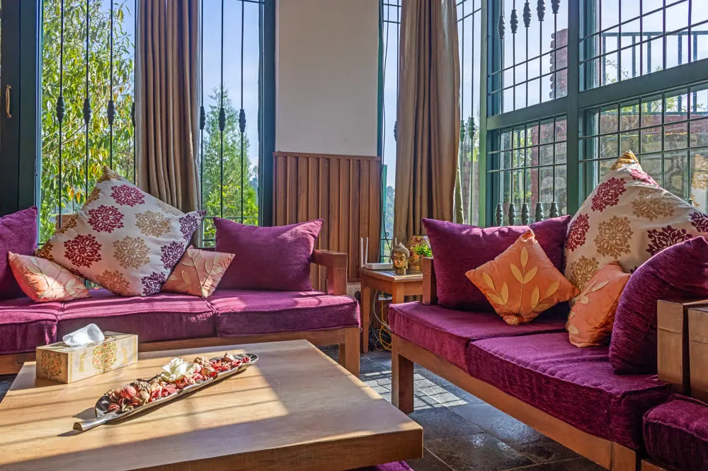 Living room with garden-facing windows in the villa